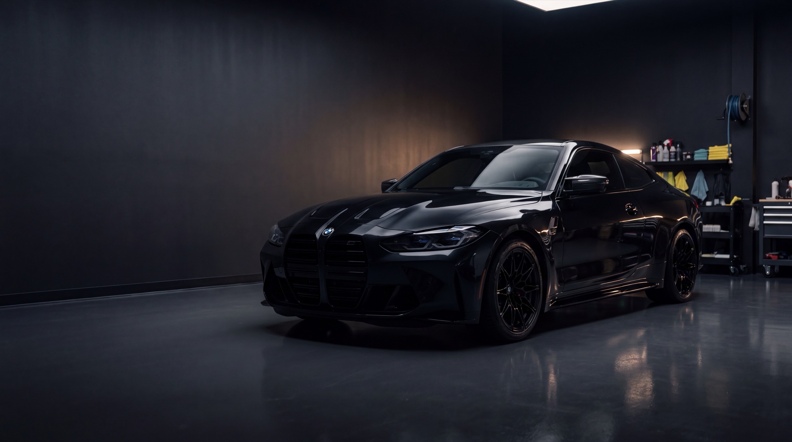 Czarne BMW M4 w ciemnej hali detailingowej, światła zgaszone